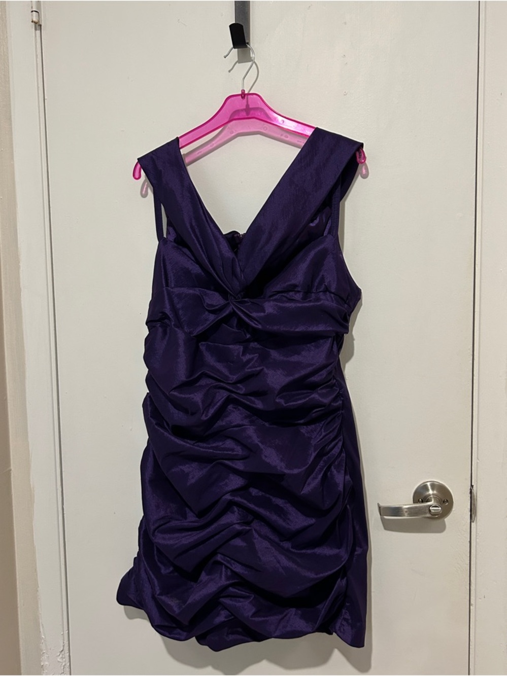Purple satin Y2K mini dress with ruched detailing and V-neckline